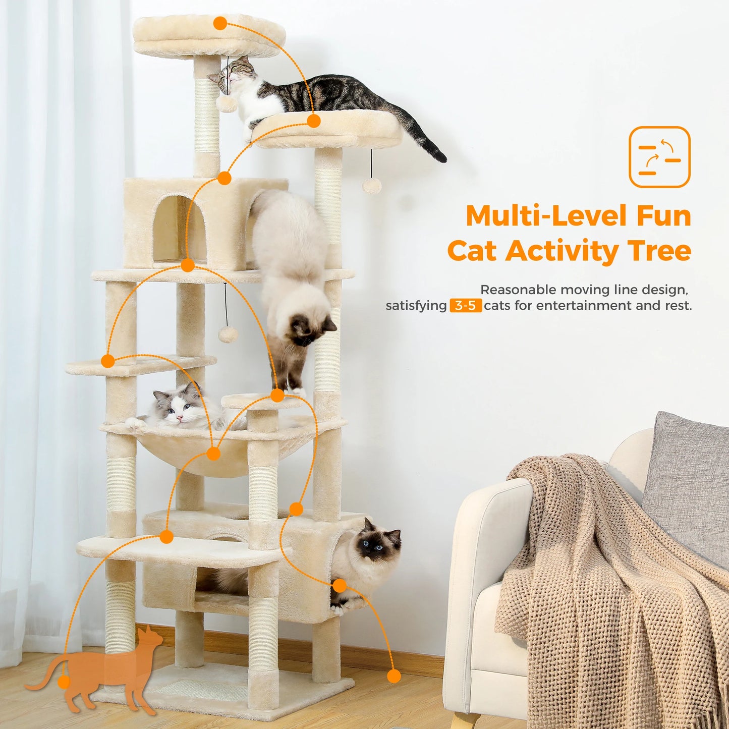 Large Cat Tree Tower for Indoor Cats With Sisal-Covered Scratching Posts Spacious Hammock Padded Perches and Condos Beige