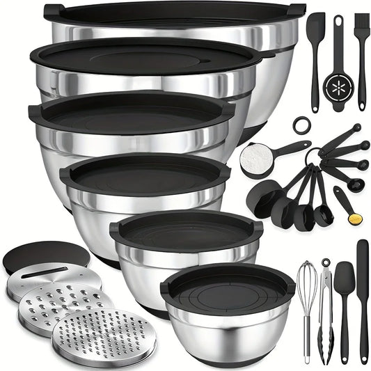 17pcs, Stainless Steel Mixing Bowl Set Mixing Bowls With Lids Grater Attachment