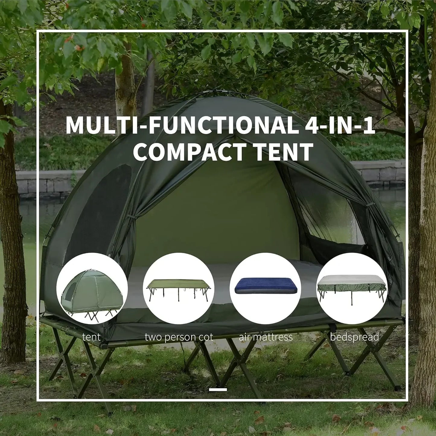 2 Person Camping Cot with Tent, Bedspread and Thick Air Mattress, 4-in-1 Elevated Camping Bed Tent