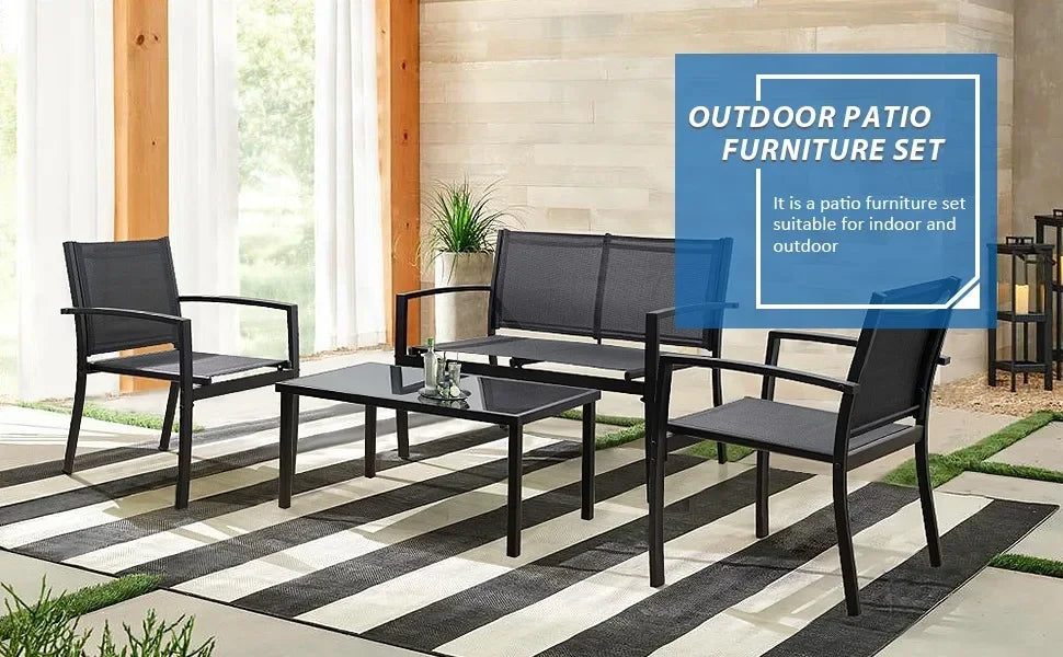 4 Pieces Outdoor Patio Furniture Modern Conversation Black Bistro Set with Loveseat Tea Table