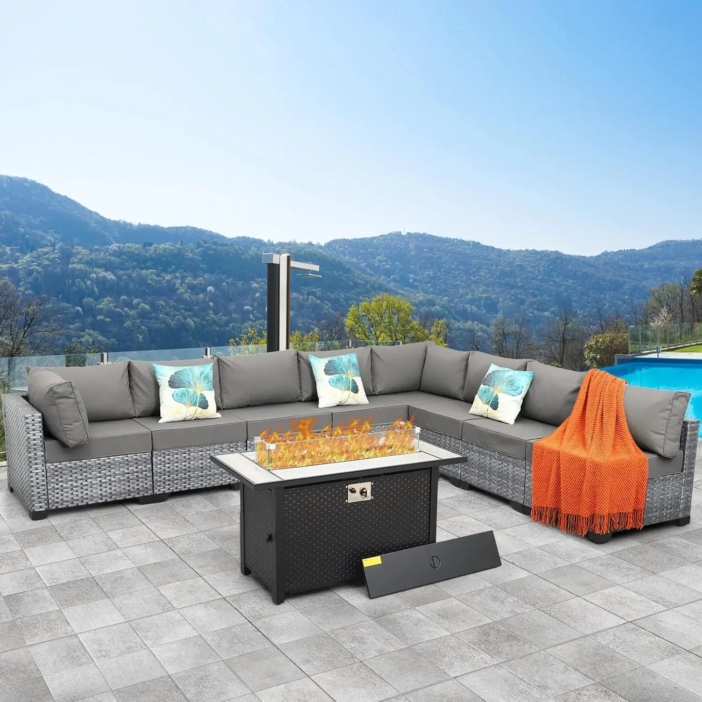 Patio Furniture Sectional Sofa Set9Pieces Outdoor Wicker Furniture Couch Large-size Storage Table