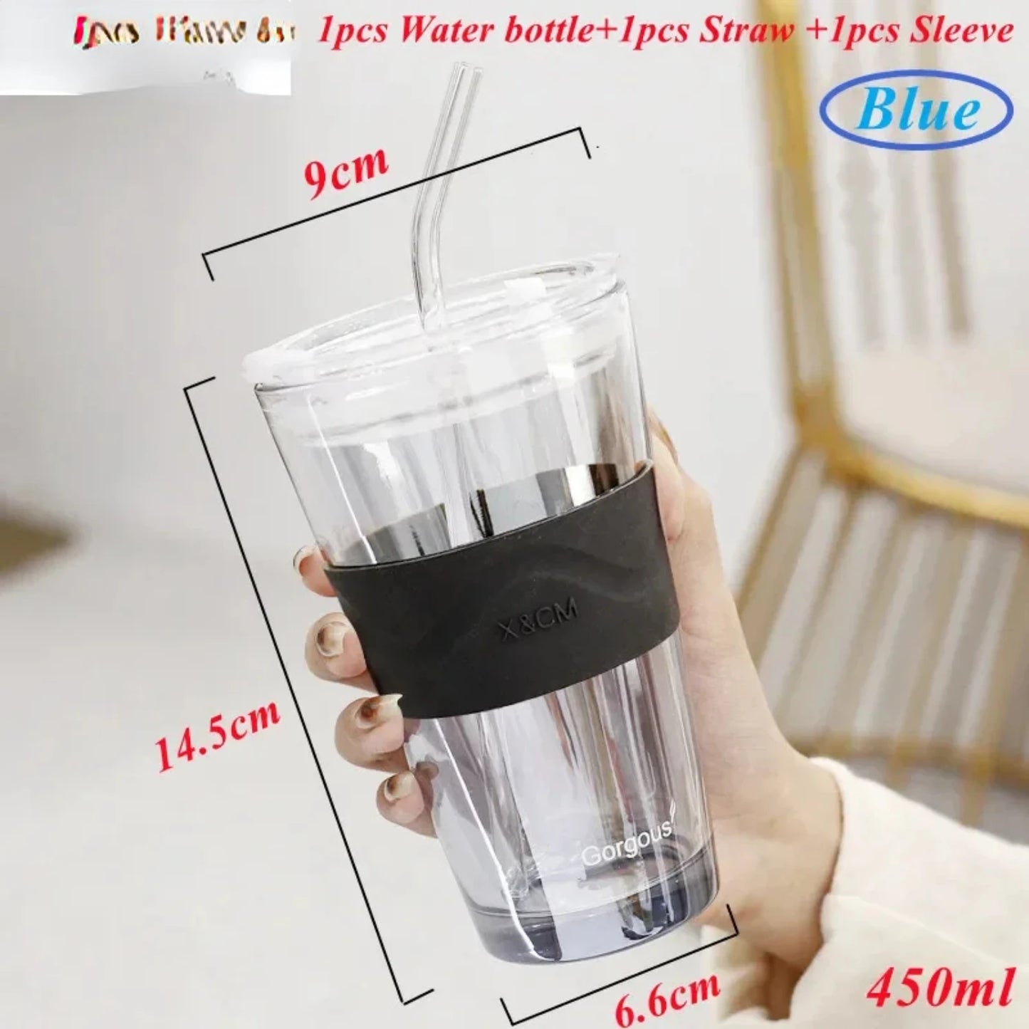 450ml Lead Free Glass Mug with Cup Sleeve and Lid Straw Coffee Mugs Juice Glass Cute Coffee Mugs