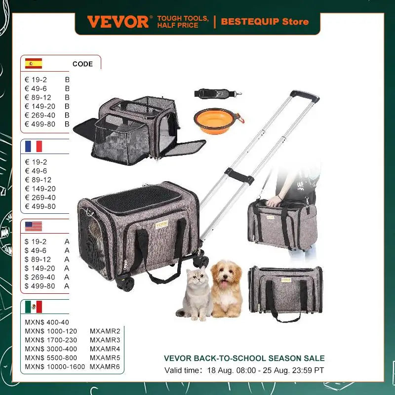 VEVOR Pet Cat Carrier Breathable Outgoing Dog Carry Backpack with Telescopic Handle Wheels and Shoulder Strap for Travel Trip