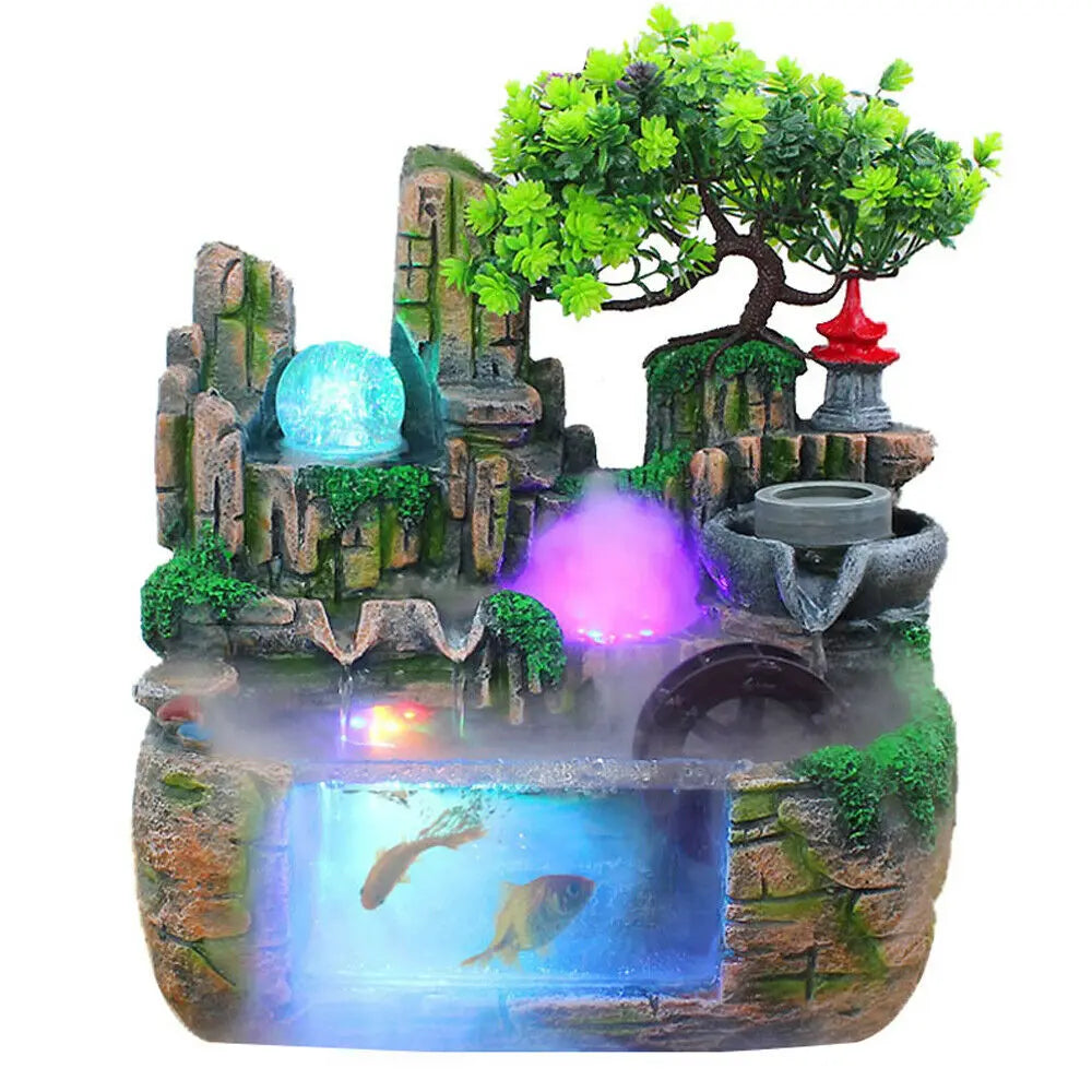 Desktop Fountain Waterfall Rockery Indoor Relaxation Tabletop Resin Ornament Light Bird & Fisherman