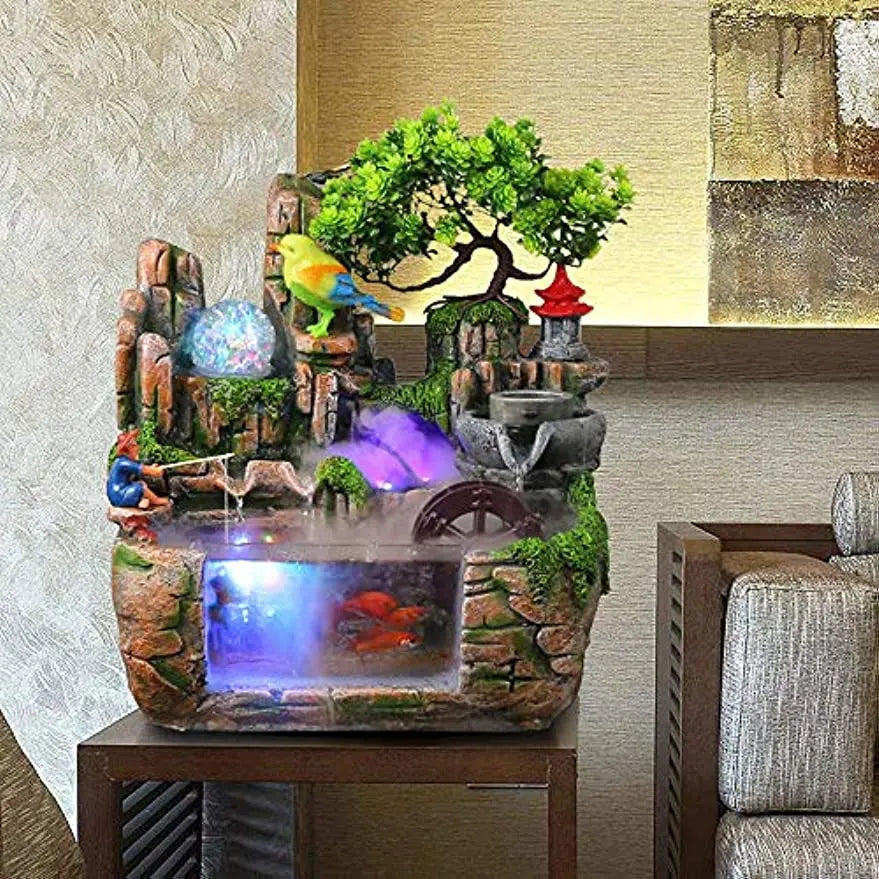 Desktop Fountain Waterfall Rockery Indoor Relaxation Tabletop Resin Ornament Light Bird & Fisherman