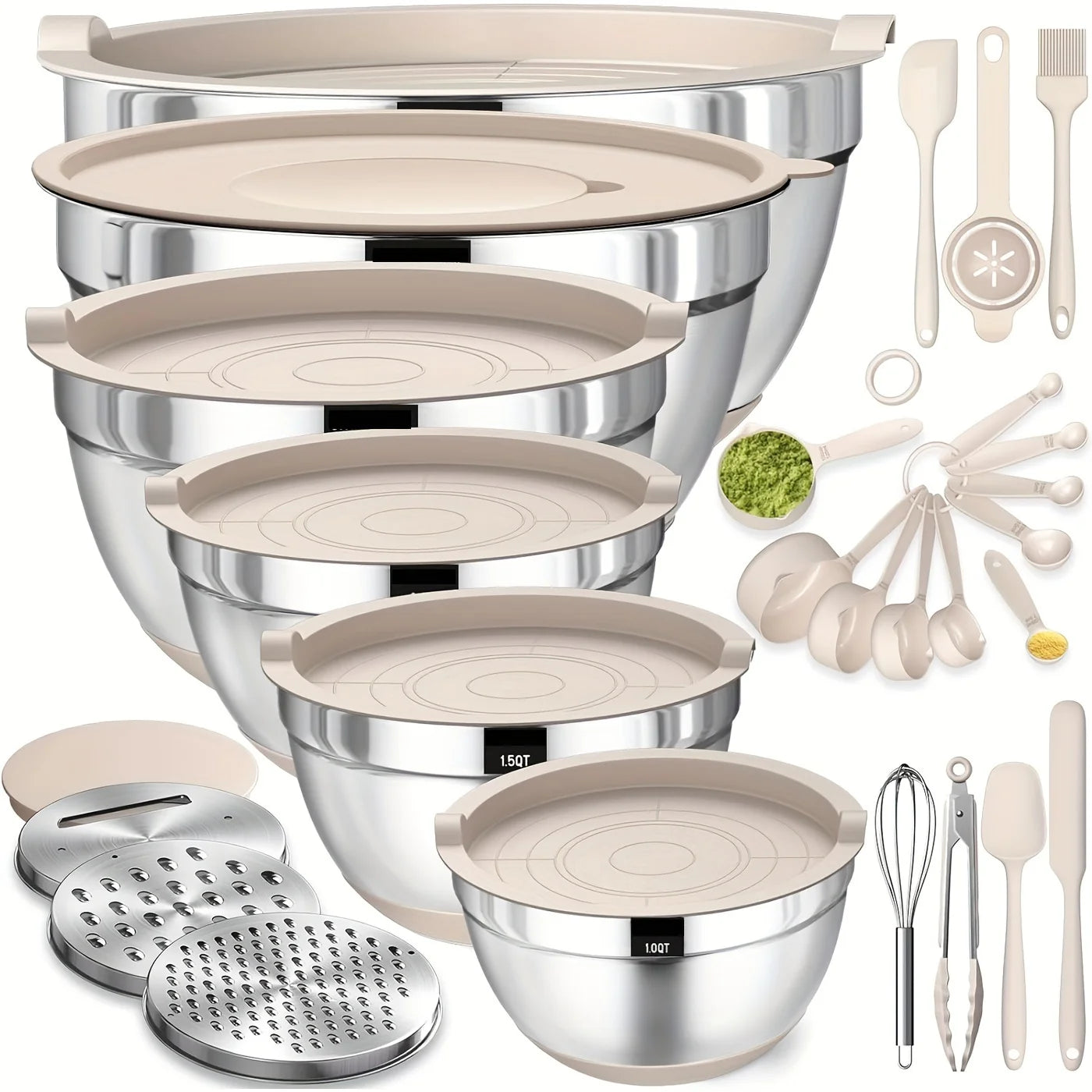 Mixing Bowls with Airtight Lids Set SteelBowls with Grater Attachments,Non-Slip Bottoms