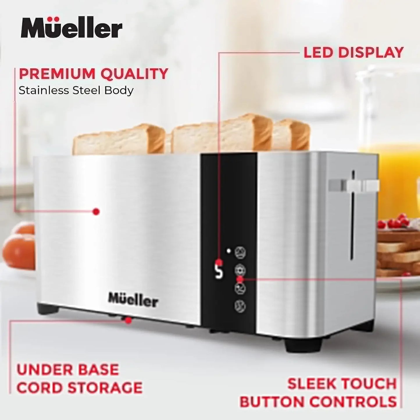 NEW UltraToast Full Stainless Steel Toaster 4Slice Long Extra-Wide Slots with Removable Tray