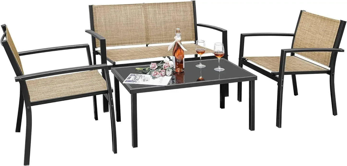 4 Pieces Outdoor Patio Furniture Modern Conversation Black Bistro Set with Loveseat Tea Table