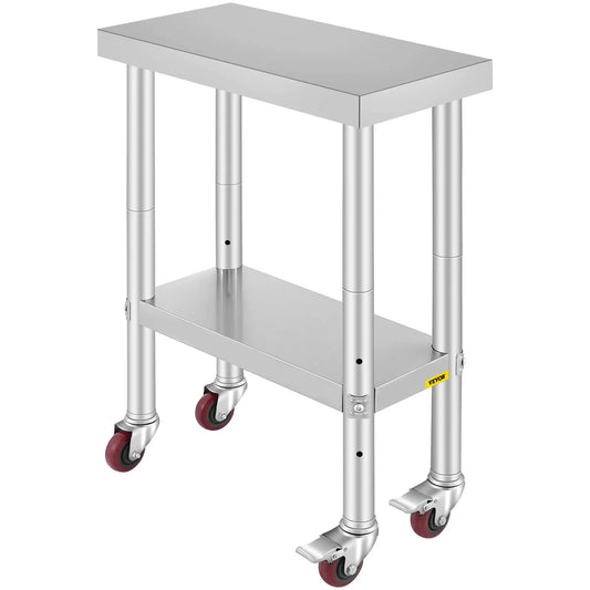 VEVOR Stainless Steel Kitchen Worktable shelves Commercial Work Bench Table with Caster Wheels