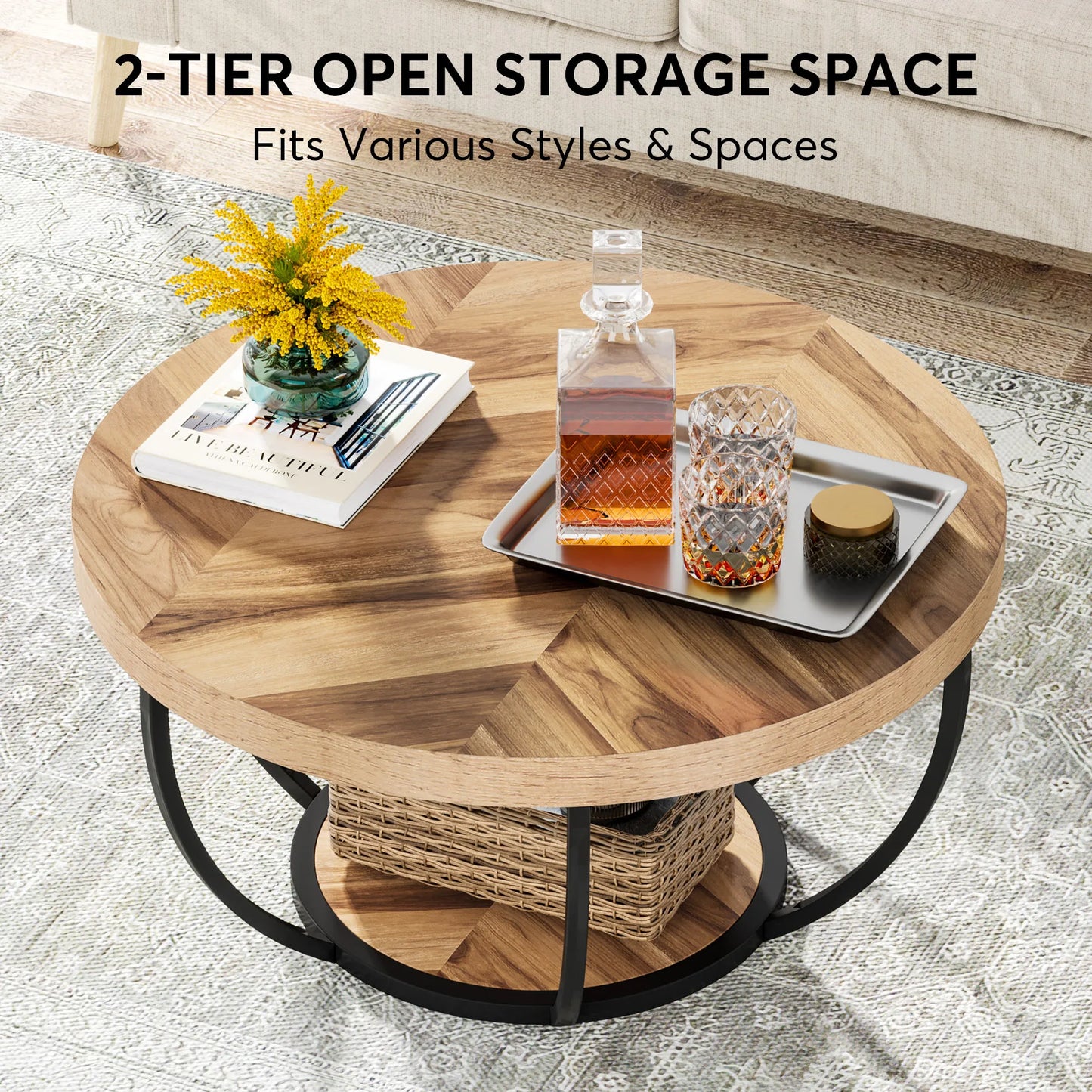 Tribesigns 31.7" Round Coffee Table, Industrial 2-Tier Circle Coffee Table with Storage Shelves