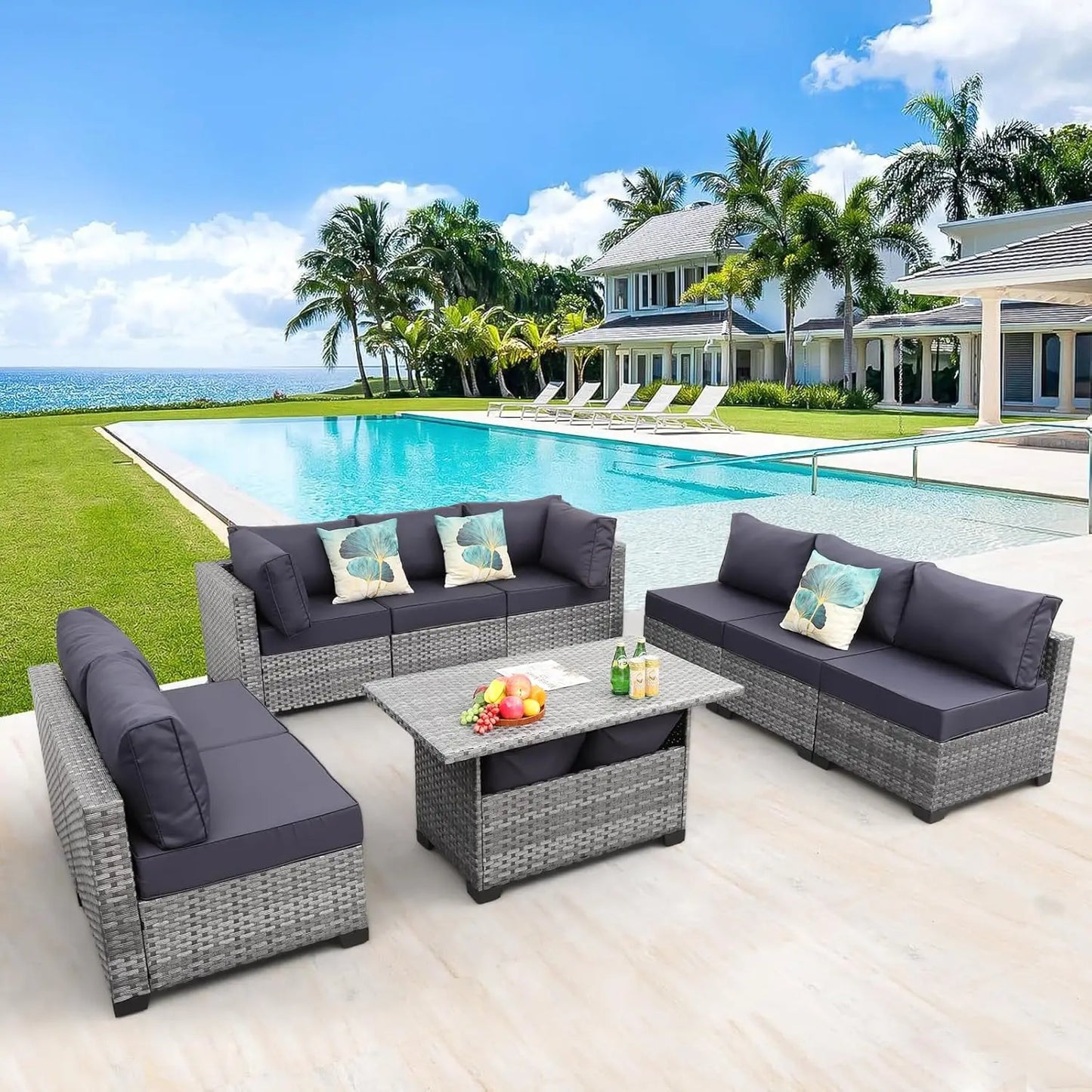 Patio Furniture Sectional Sofa Set9Pieces Outdoor Wicker Furniture Couch Large-size Storage Table