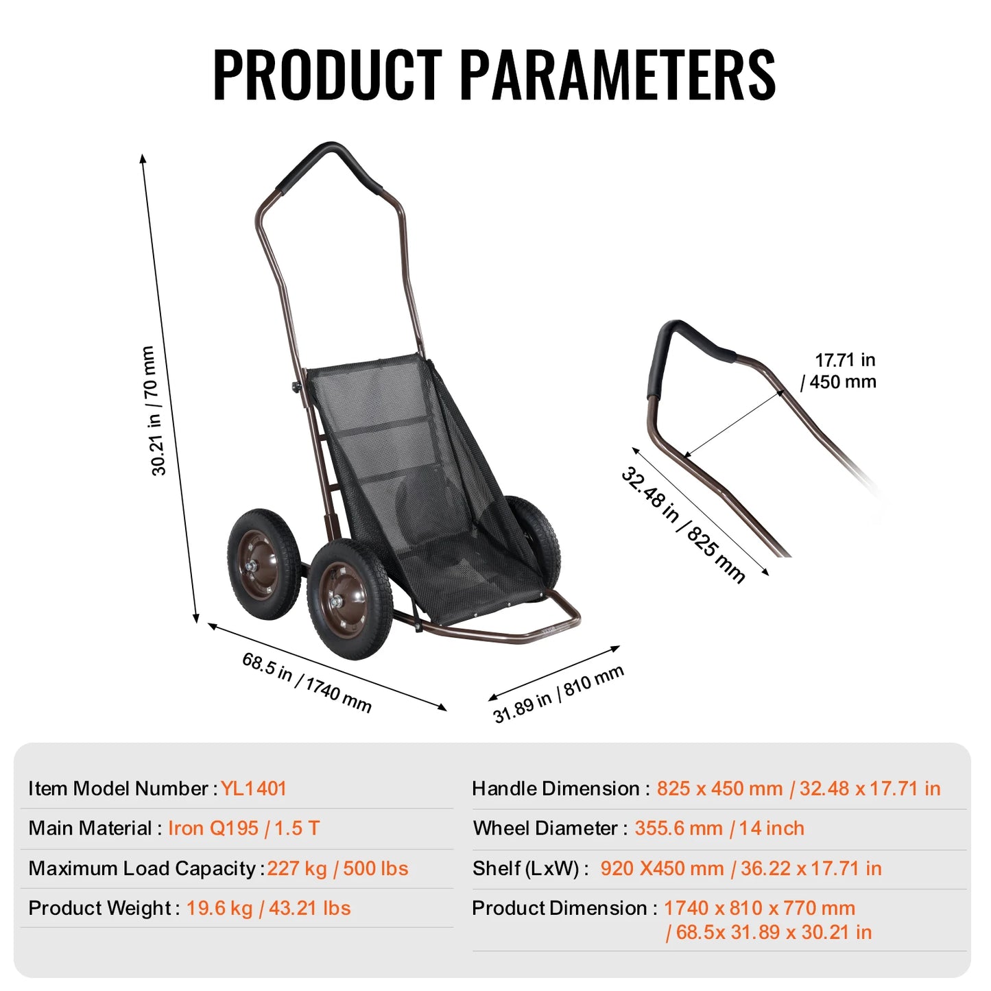 VEVOR Deer Cart 500 LBS Folding Game Cart Deer Cart Game Hauler Heavy-Duty Game Utility Gear Dolly