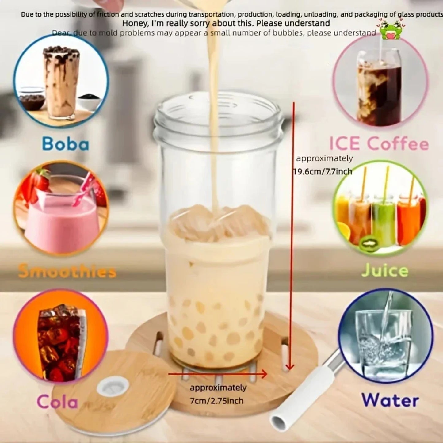 2pcs Glass Cup Wooden Lid Bubble Tea Cold Drinking Coffee Wine Juice Milk Transparent Straw