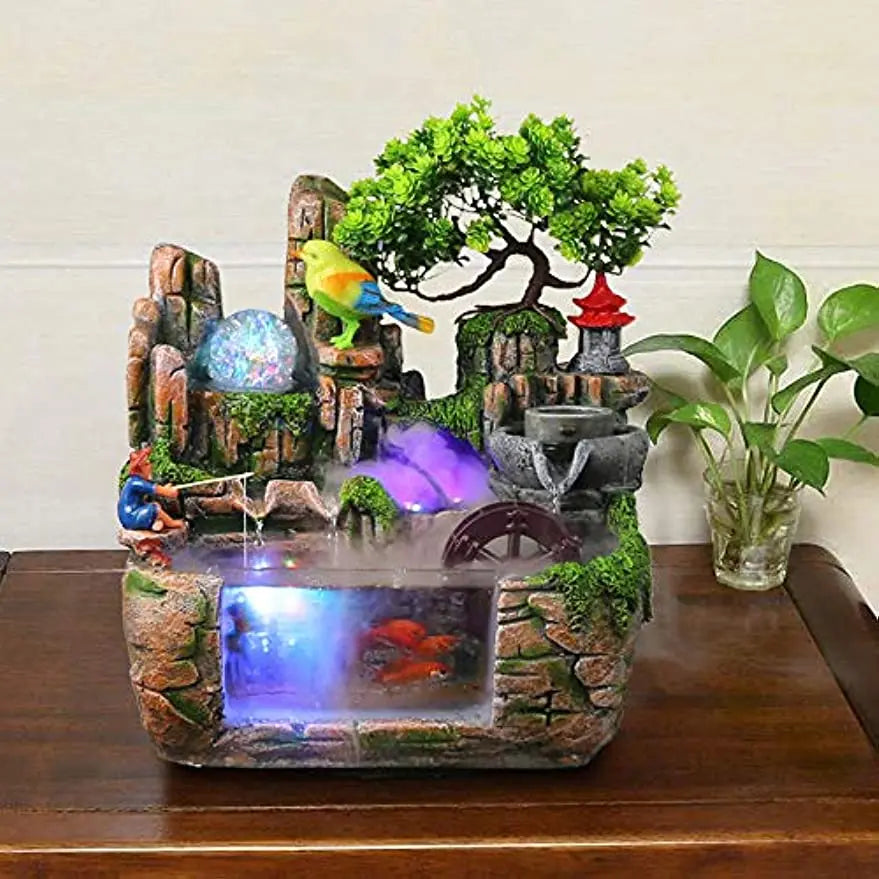 Desktop Fountain Waterfall Rockery Indoor Relaxation Tabletop Resin Ornament Light Bird & Fisherman