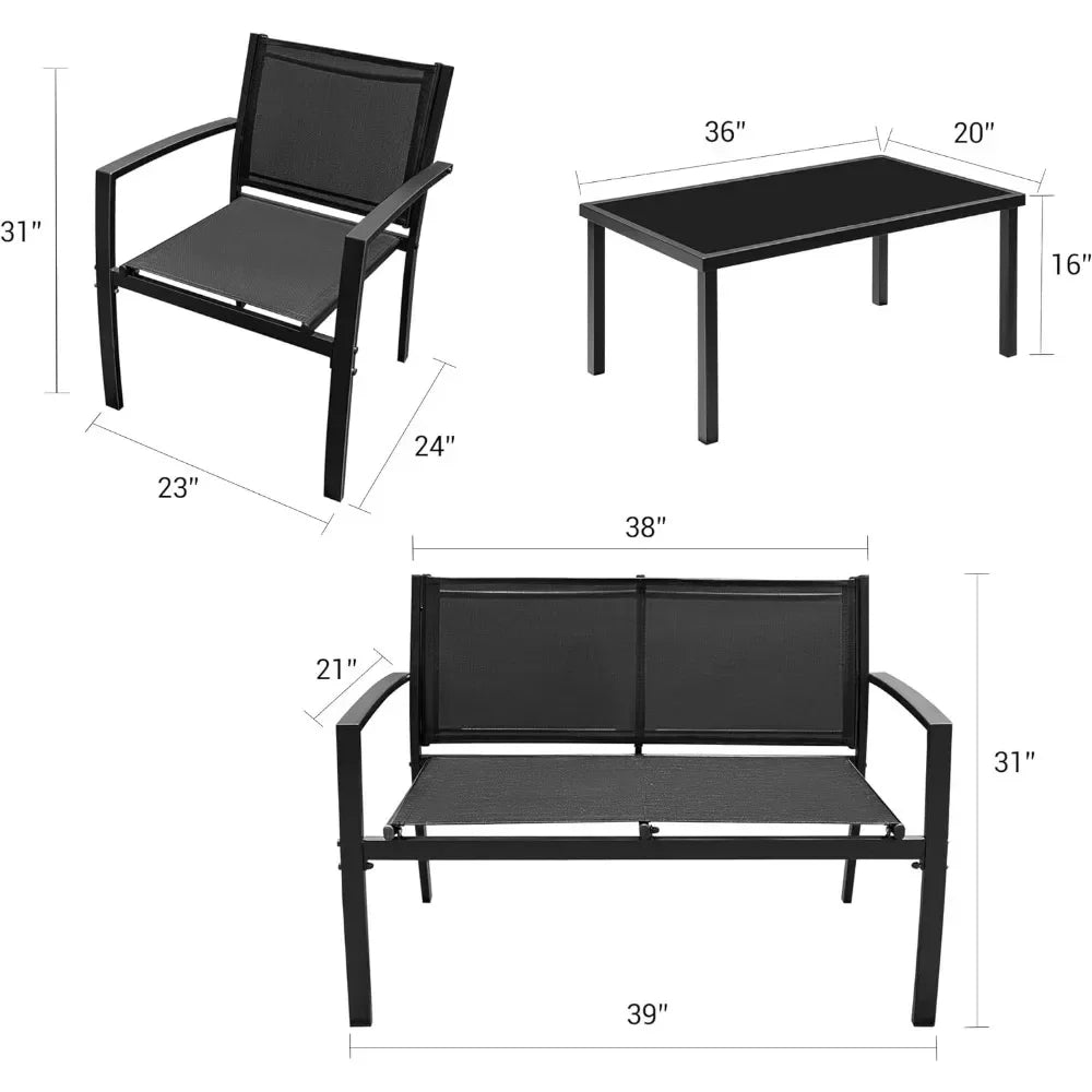 4 Pieces Outdoor Patio Furniture Modern Conversation Black Bistro Set with Loveseat Tea Table