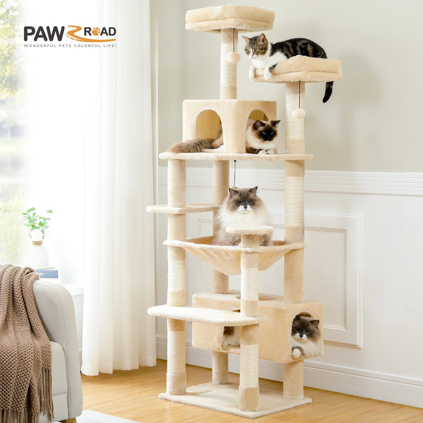 Large Cat Tree Tower for Indoor Cats With Sisal-Covered Scratching Posts Spacious Hammock Padded Perches and Condos Beige