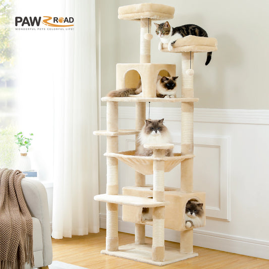 Large Cat Tree Tower for Indoor Cats With Sisal-Covered Scratching Posts Spacious Hammock Padded Perches and Condos Beige