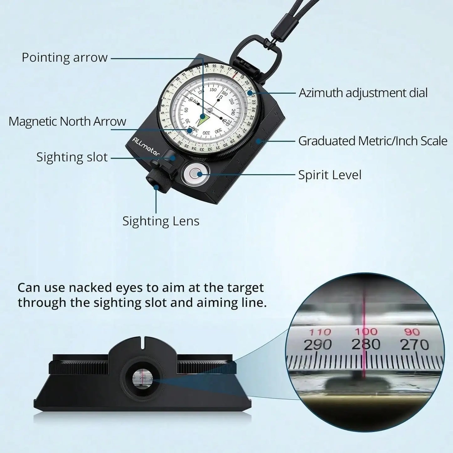 Compass Multifunction Waterproof Military Outdoor Handheld  Metal Sighting with Bubble Level