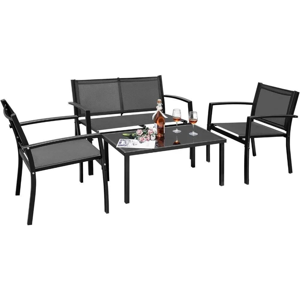 4 Pieces Outdoor Patio Furniture Modern Conversation Black Bistro Set with Loveseat Tea Table