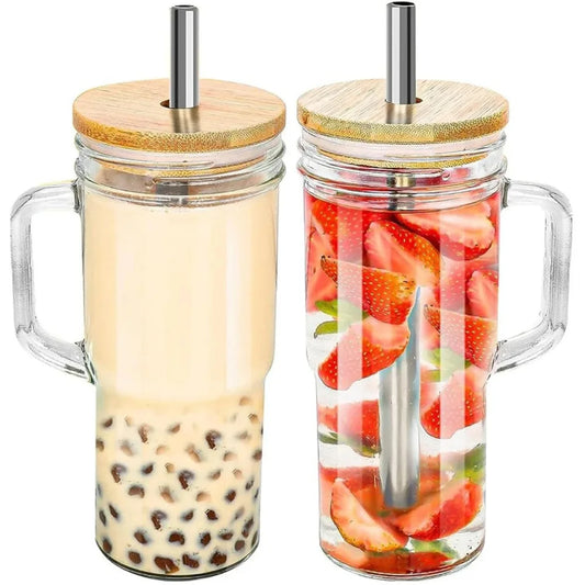 2pcs Glass Cup Wooden Lid Bubble Tea Cold Drinking Coffee Wine Juice Milk Transparent Straw