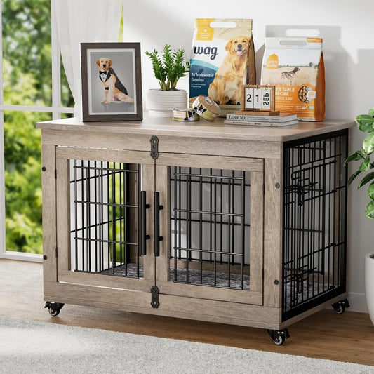 Dog Crate Furniture with Cushion,Heavy Duty Dog Cage End Table with Wheels, Dog House Indoor