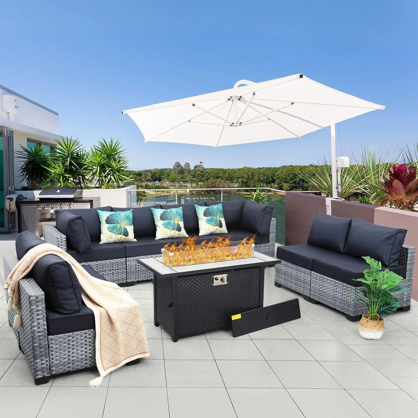 Patio Furniture Sectional Sofa Set9Pieces Outdoor Wicker Furniture Couch Large-size Storage Table