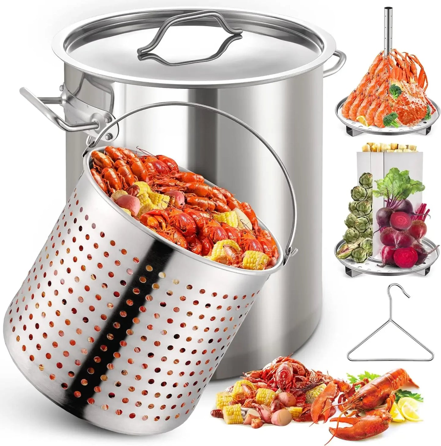 Stainless Steel Stock pot 6-Piece For Seafood Boil Pot with Basket and Steamer Rack,Cookware