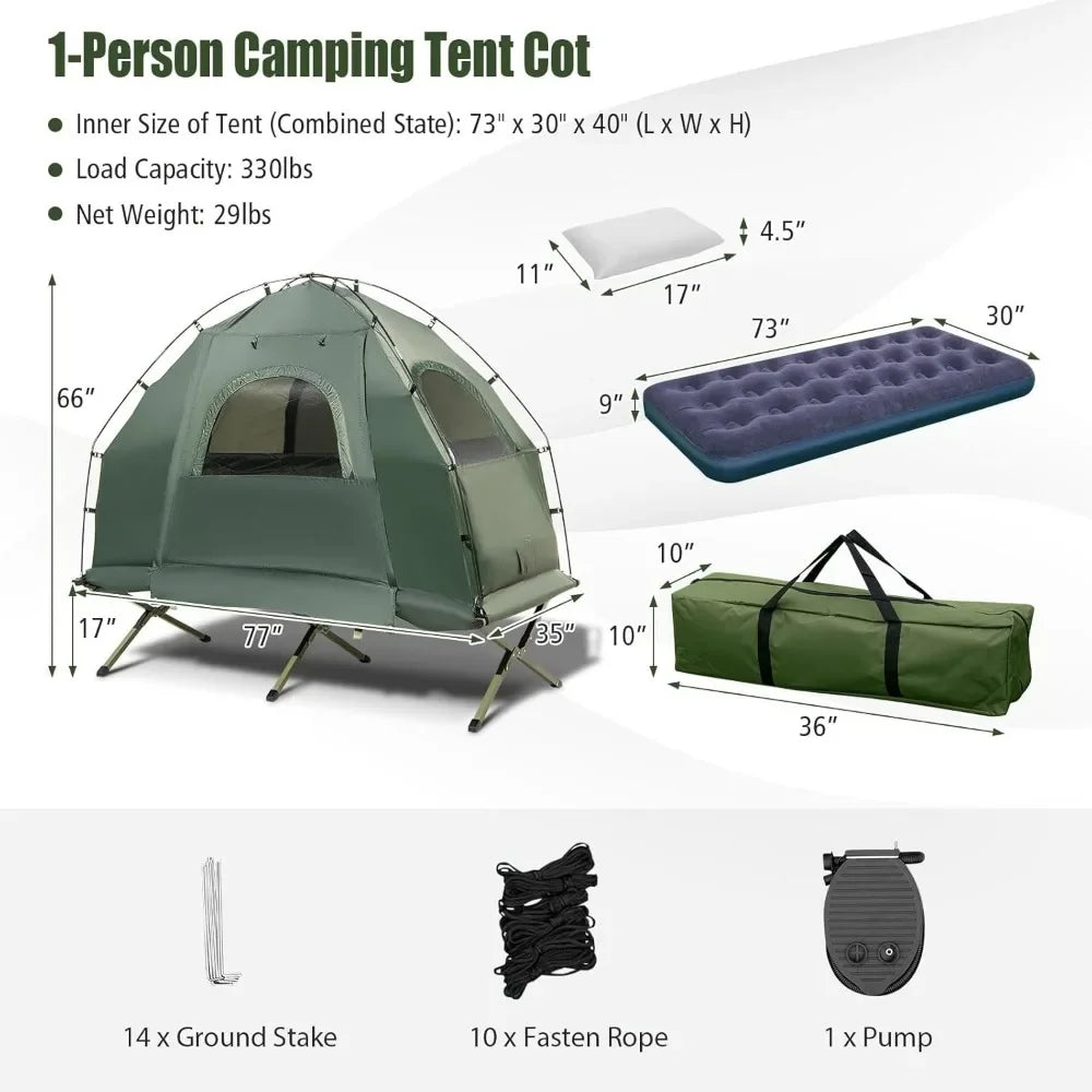 5-in-1 Tent Cot, with Awning, Air Mattress, Air Pillow, Sleeping Bag, Camping Cot, Elevated Single