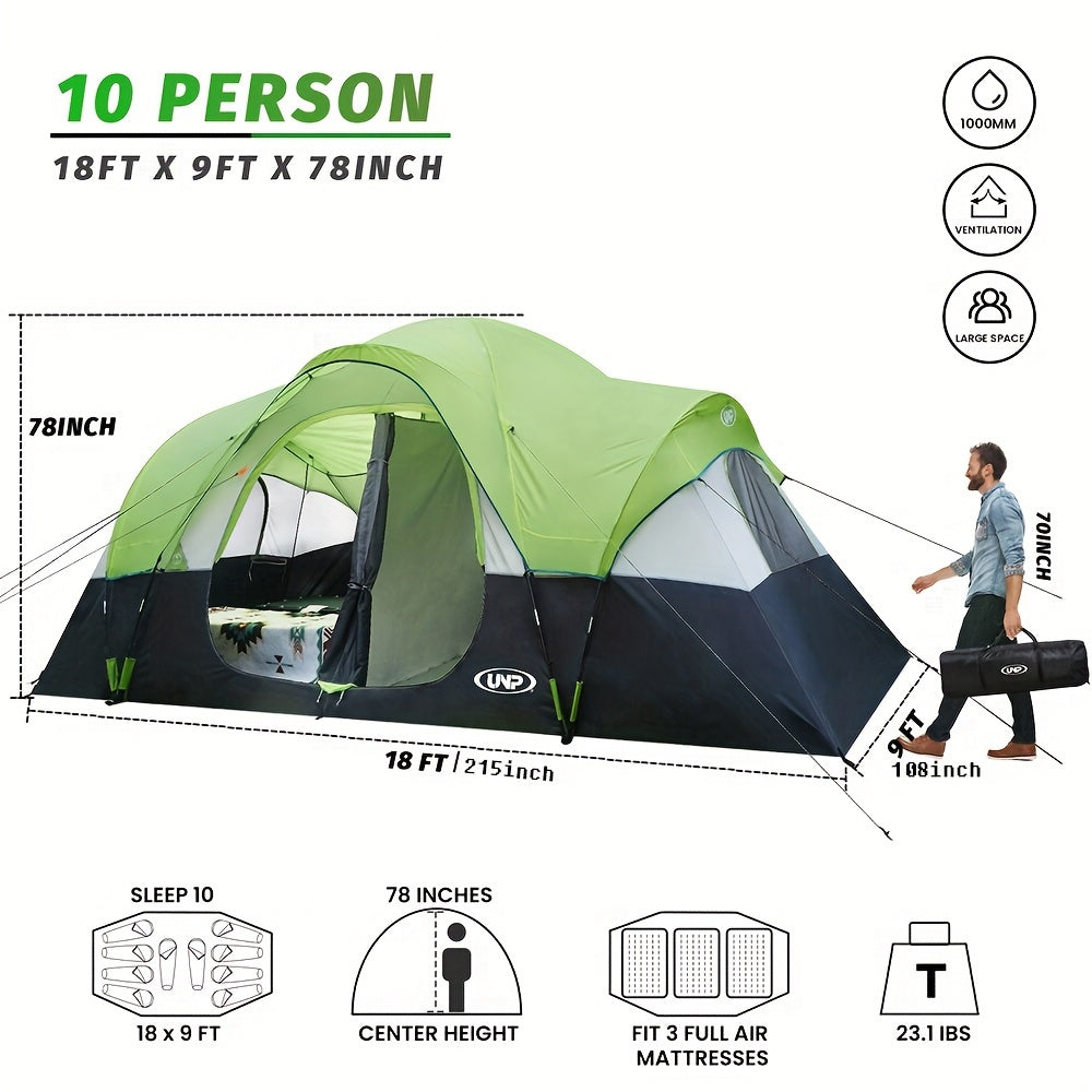 10-Person Extra-Large Family Tent - Spacious, Waterproof, Weather Resistant, Easy Up, 5 Large Mesh